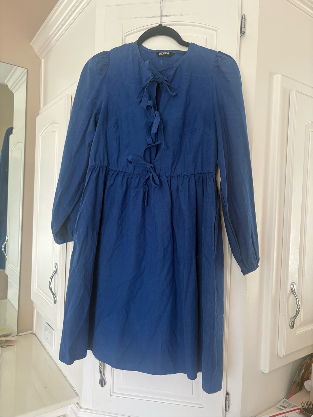 Blue  cotton Long Sleeve Tie-Neck Dress small